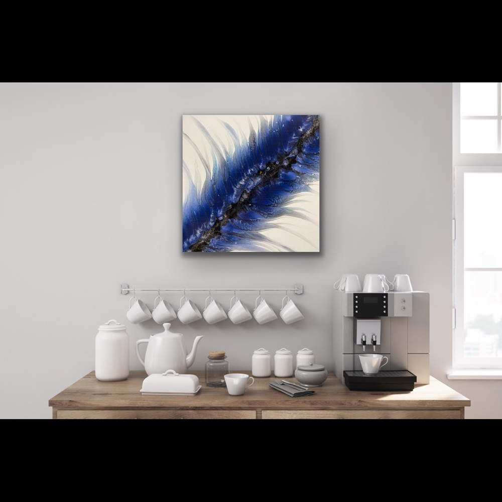 Blue Feather - Fluid Art on 14x14 canvas